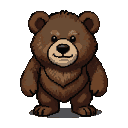 A stout, bear-like creature with rounded ears and fuzzy brown fur, featuring a V-shaped pattern on its chest.