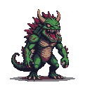 A green, scaly reptilian monster with red patches, sharp teeth, yellow eyes, and spiky red growths on its neck.