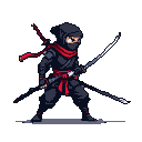 Pixel Art: Pixel art ninja carrying two swords on his back, side view, ...