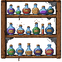 Colorful potions in various bottles on a wooden shelf.