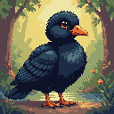 Plump dark-feathered bird with an orange beak in a dappled forest clearing.