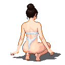 A figure in a semi-crouch, seen from behind, with hair in a bun and bare feet on the ground. She wears a sheer white swimsuit.