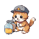 A plump ginger cat wearing a grey cap with a golden star rests its paw on a glass jar filled with golden liquid, looking at it with wide, curious eyes.