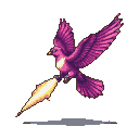 Fuchsia bird in mid-flight, wings spread, unleashing a bright yellow and orange energy blast from its beak against a black background.