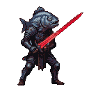 Warrior with a fish head, menacing stare, sharp teeth, and heavy armor, holding a glowing red sword in a dark fantasy setting.