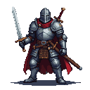 Knight in modern plate armor, crimson cape, holding a broadsword and a firearm, with a second sword sheathed on his back and a dagger at his hip.