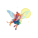 A fairy with orange hair and a teal dress hovers with spread blue and pink wings against a black background. A faint glowing orb is in the upper right corner.