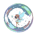 Ethereal fairy with short orange hair and a light dress dances within a shimmering bubble, holding a star-like object.