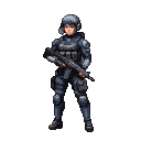 Stoic female commando in dark tactical armor and helmet, holding a rifle horizontally across her chest.