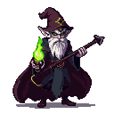 Wizened elven mage with a long white beard, wearing a pointed hat and dark robes, conjuring green energy with his left hand and holding a staff in his right.