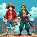 Two anime-style male figures, one in a straw hat and red shirt, smiling, the other with green hair and two swords, standing on a wooden platform under a pixelated blue sky.