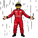 A person in a red racing suit with a striped helmet stands with arms outstretched under pixelated rain.