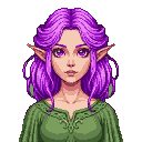 Serene elven girl with amethyst eyes, flowing purple hair, pointed ears with green leaf adornments, and an earth-toned green tunic with vine embroidery.