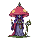 Mushroom Priestess with red spotted cap, purple hair, lavender robe, and two staves.