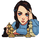 Brunette woman with blue eyes, brow furrowed, hand on temple, concentrating on playing chess.