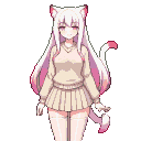 Cat-girl with long white hair, pink-tipped ears, and pink eyes, wearing a beige sweater and pleated skirt.