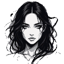 Woman with long black hair, surrounded by abstract swirling shapes, in a high-contrast black and white drawing.