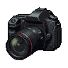A dark, muted pixel art digital camera with a prominent lens featuring a red ring, set against a black background.