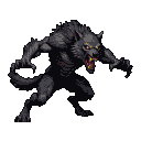 Ferocious werewolf with bristling dark fur, glowing yellow eyes, and bared teeth lunging forward.