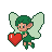 Whimsical pixie in emerald green attire with outstretched wings holds a vibrant red heart.