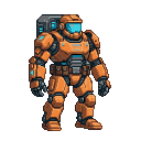 Futuristic construction worker in an orange and blue exoskeleton, standing stoically with an illuminated visor.