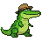 A smiling green crocodile wearing a brown farmer's hat.