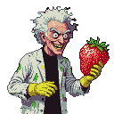 Maniacal scientist with wild white hair, a wide grin, and bright yellow gloves holds a giant strawberry, wearing a stained lab coat.