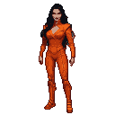 Sci-Fi Heroine: Orange Suit, Dark Gaze, Retro Power
