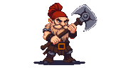 Stout dwarf warrior with red topknot and colossal axe.