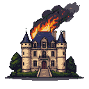 A grand chateau engulfed in flames, with smoke billowing from its roof against a dark background.