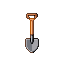 A shovel with an orange-brown handle and a gray metal blade.