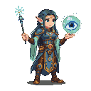 Mystical elf in blue and gold armor, holding a shimmering wand and an orb with a watchful eye.