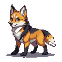 Pixel Art: 生成一个黄色和黑色为主色的刀疤狼furry角色，站立行走的，年龄16岁左右，生活在星斗森林的小村庄，可爱有正义感，富有生...
