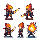 Fire warrior character with glowing orange and yellow flame-like hair and sword, in a battle stance, with one frame showing a fiery explosion from their head.
