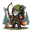 A bearded figure in a green tunic and leather armor holds a bow, with an axe on their shoulder, standing next to a patient fox in a pixelated forest.