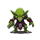 A menacing, bright green goblin with large pointed ears, sharp teeth, and glowing yellow eyes, wearing dark red armor, stands aggressively with its left arm extended holding a cylindrical object.