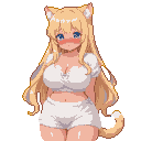 Shy neko girl with long blonde hair, starry blue eyes, and twitching cat ears, wearing a white lace-trimmed cropped top and fluffy shorts.