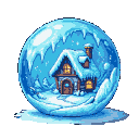 A snow-covered cottage with glowing windows enclosed in a shimmering, icy bubble.