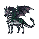 Dragon-zebra hybrid with black and white stripes, mossy green patches, and dark leathery wings, with piercing yellow eyes.