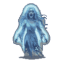 Spectral banshee woman with mouth agape in a silent scream, eyes wide and vacant, surrounded by translucent wisps of energy.