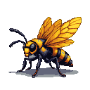 A black and yellow striped wasp with spread, veined wings and prominent antennae.