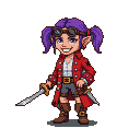 Pixel art pirate pixie with purple pigtails, goggles on forehead, red pirate coat, white ruffled shirt, grey shorts, brown boots, and two cutlasses.