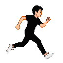 Young person running right, wearing a black t-shirt, black trousers, and white sneakers.