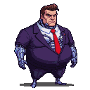 Portly figure in a dark purple suit and red tie, with stern expression, cybernetic arms, and neck.