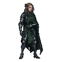 Cyborg elf in dark segmented armor and a deep green cloak, with piercing blue eyes.