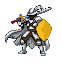 Stoic knight in white and gold armor, holding a blue and gold hilted sword and a yellow shield, with a flowing white cape.