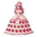 Pixel Art: She wears a gown made of layers of strawberry mousse and whipped cream, decorated with sugar pearls. Her pink hair smells like vanilla and changes color with her emotions. (generated with AI and edited by Dixy).