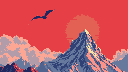 Pixel Art: montagne avec ciel rouge des monstre volant dans le ciel pui...