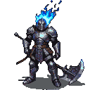 Cyberpunk knight in metallic medieval-style armor, holding a mace and standing beside a large cybernetic axe. Blue flame erupts from the knight's helmet.
