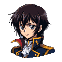 Bust portrait of a young person with short dark hair, fair skin, and large blue-tinted eyes, wearing a dark blue military jacket with gold trim, a red collar, and a white ruffled cravat.